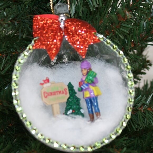 Hand Crafted Other - HAND CRAFTED Christmas Ornament Upcyled Glass Teacup Girl Winter Scene Green